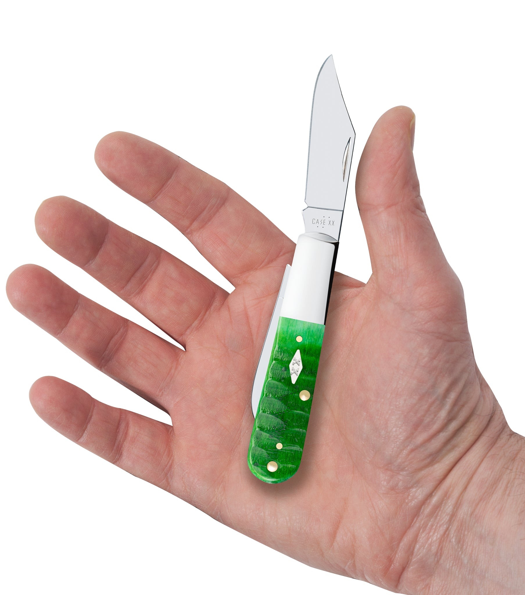 Case XX Bright Green Gator Jigged Bone Barlow #11443 - in-hand view