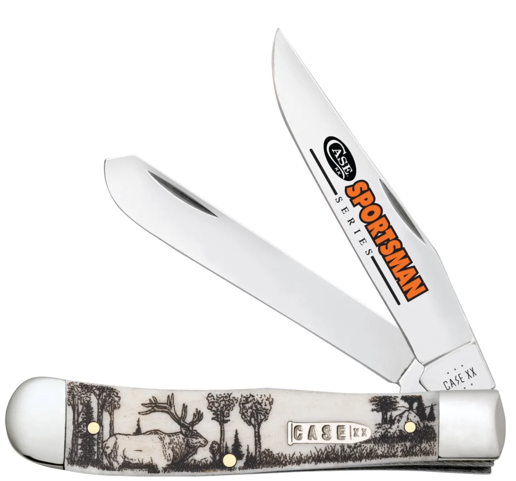 Case XX Sportsman Series Elk Embellished Smooth Natural Bone Trapper #81222 - front view